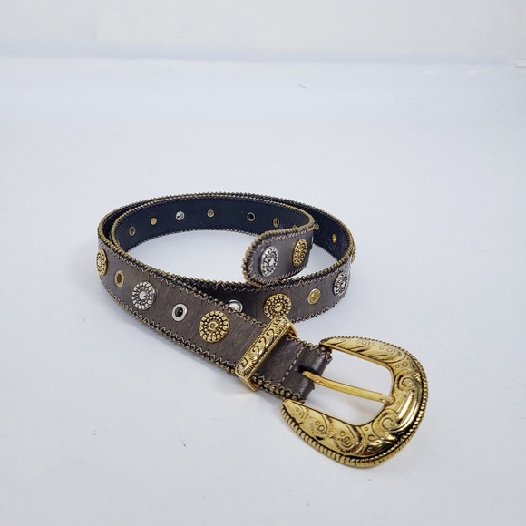 Vintage Genuine Leather Western Gold Belt adjustable silver hardware - Picture 2 of 9